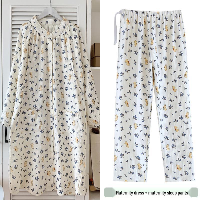 Baumwoll-Musselin Umstandspyjama-Set - Frühling/Herbst Stillnachthemd mit Hose