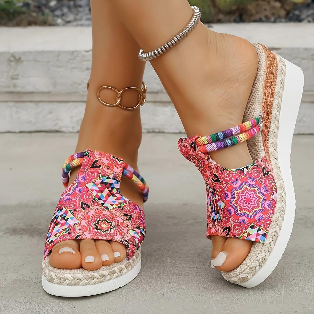 Fashion Summer New Colorful Printed Wedge Heel Slippers for Women, Fashionable Fish-mouth High-heeled Beach Slippers in Bohemia