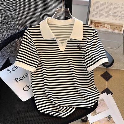 Striped Collar Short Sleeved T-shirt for Women, Summer New Loose Korean Version Versatile Slimming Women's Shirt On Top