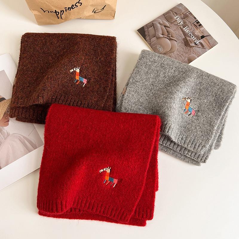 Autumn Knitted Pony Cute Wool Scarf for Women Thickened and Warm Korean Style Scarf Versatile Pony Embroidered Small Scarf