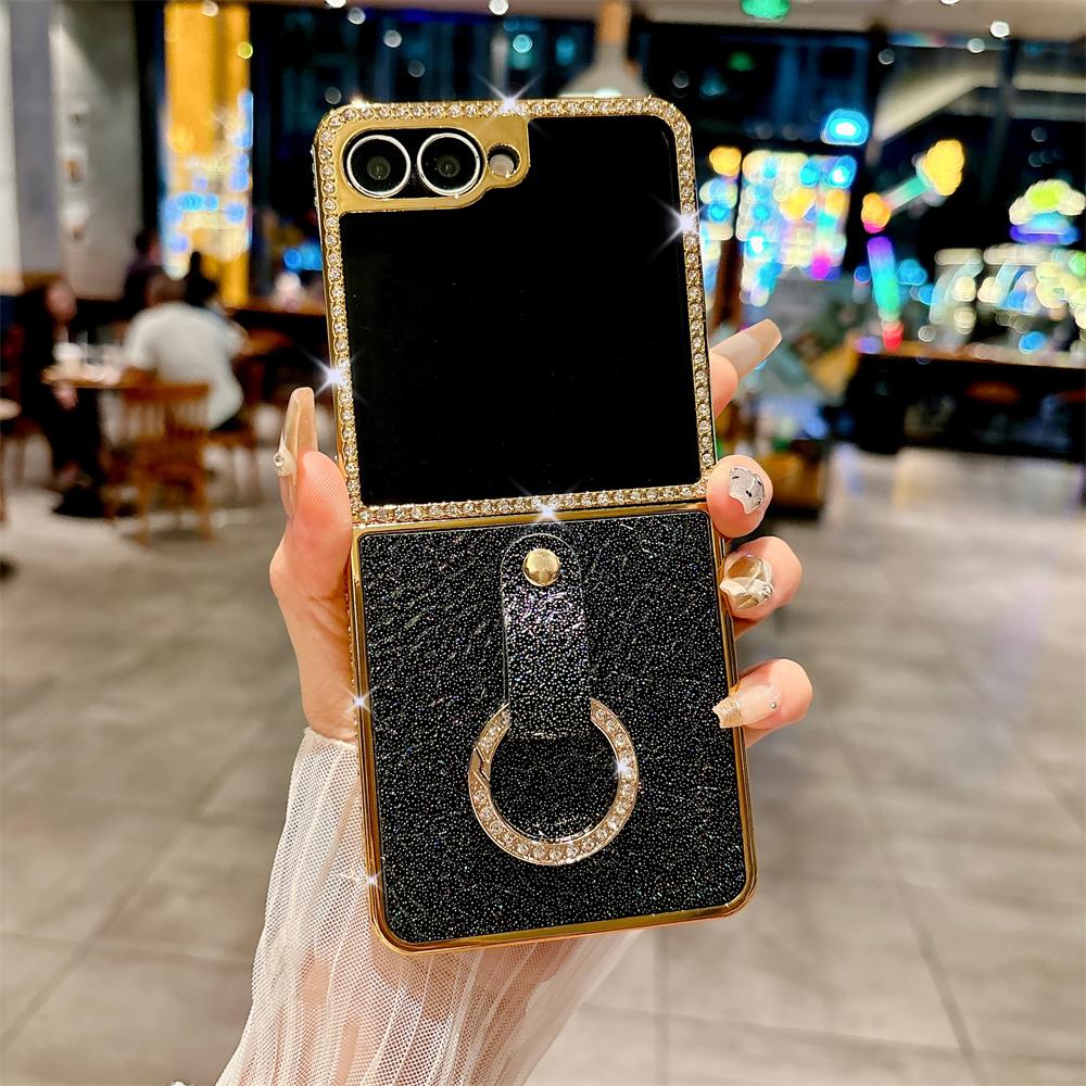 

Luxury Ring Holder PU Leather Plating Case For Samsung Galaxy Z Flip 7 6 Flip 5 Flip 4 Zflip 3 Bling Diamond Shockproof Cover Galaxy Z Flip6