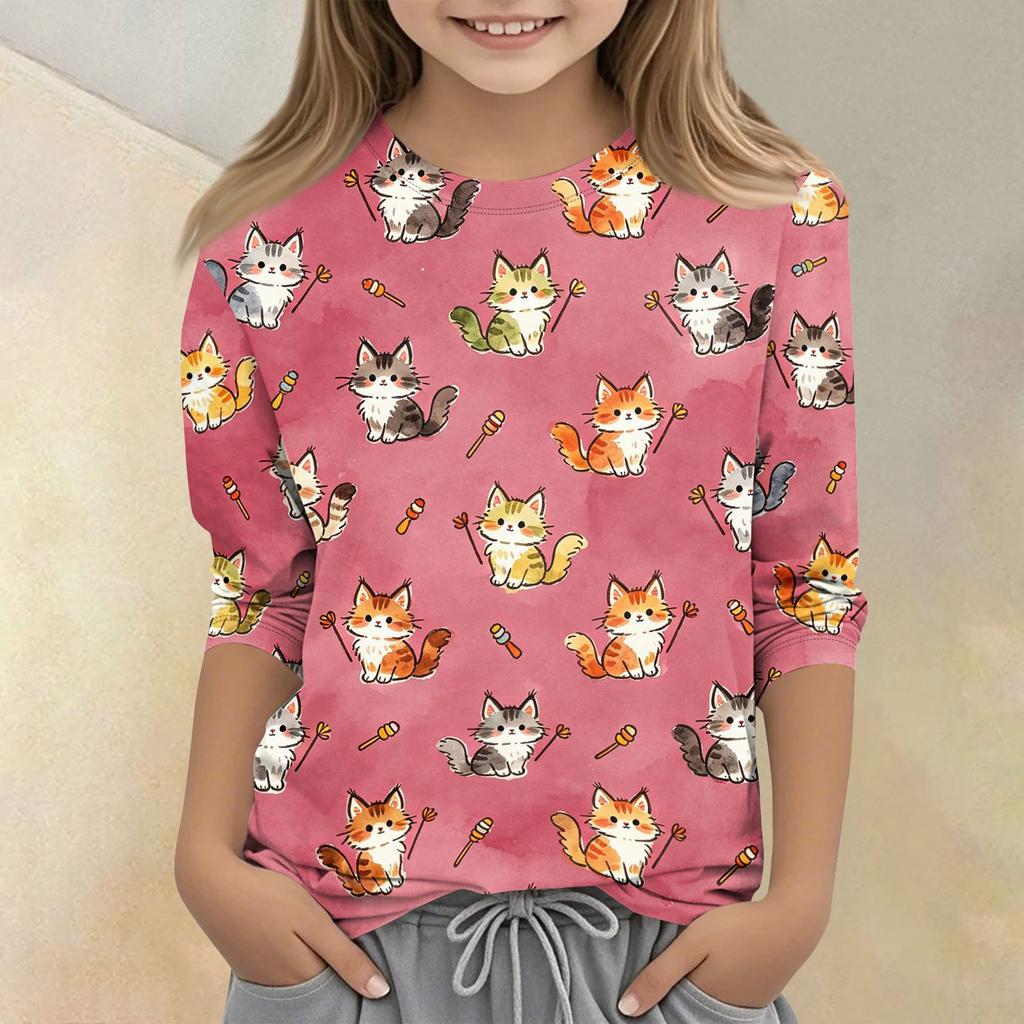 Kinder Tierdruck Rundhals Dreiviertelarm Lässiges T-Shirt Weicher Leichter Stoff Bequeme Passform Geeignet für den Alltag