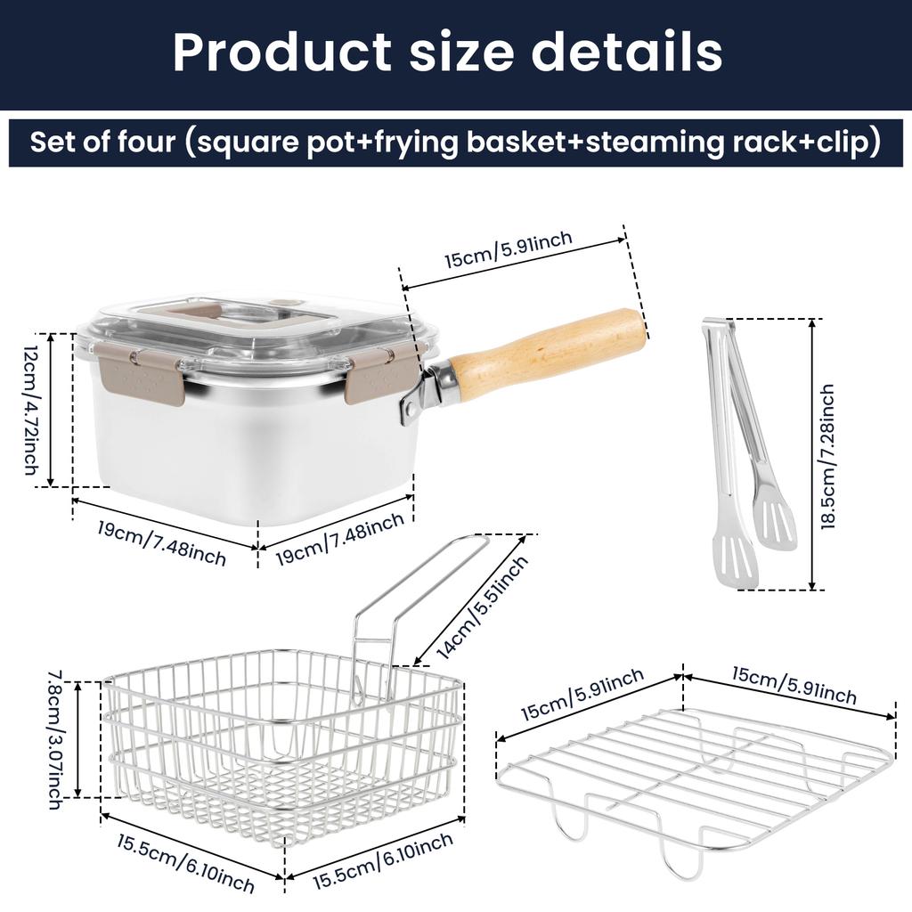 Multifunktionaler Fritteusentopf Edelstahl Bratpfanne mit Korb und Griff Tragbare Quadratische Fritteusen für die Küche