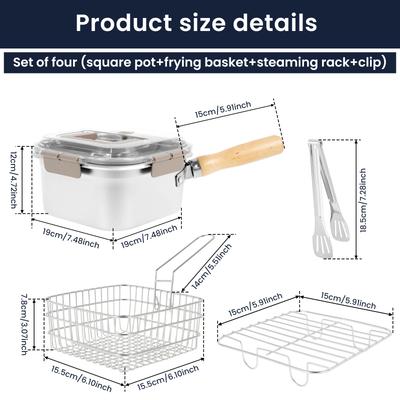 Multi-functional Deep Fryer Pot Stainless Steel Frying Pan with Basket and Handle Portable Square Deep Frying Pans for Kitchen