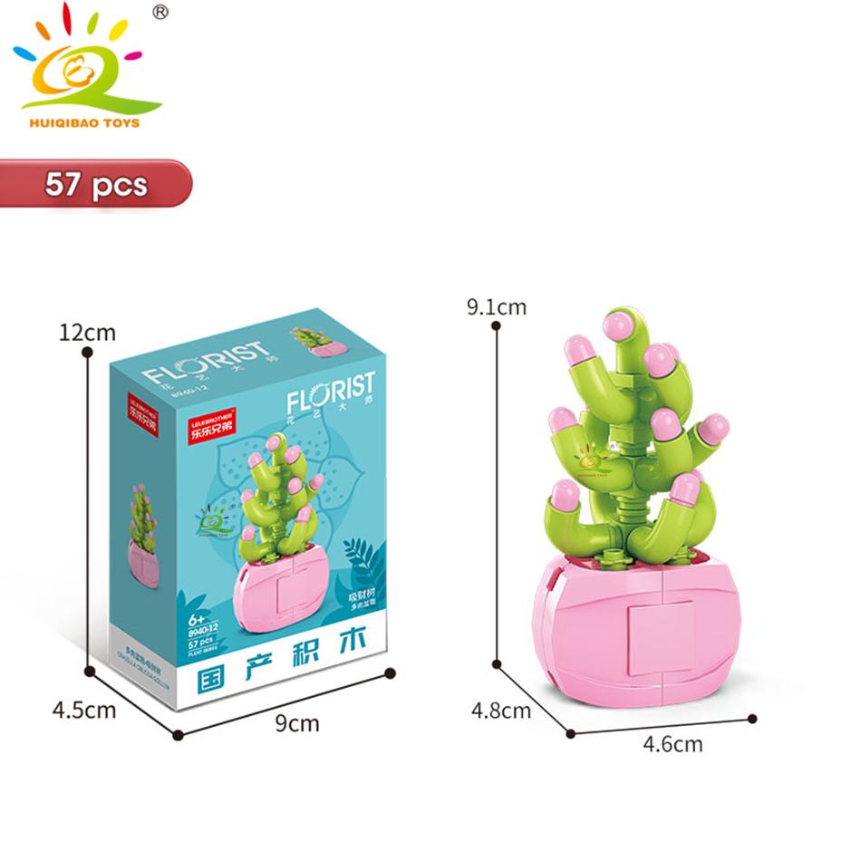 HUIQIBAO MOC Flower Succulent Potted Model Building Block DIY Eternal Bouquet Home Desk Plant Decor Brick Girl Gift Children Toy