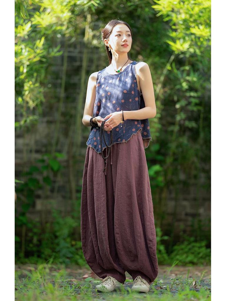 Women's Artistic Retro Loose Cotton Linen Pumpkin Patchwork Lantern Pants