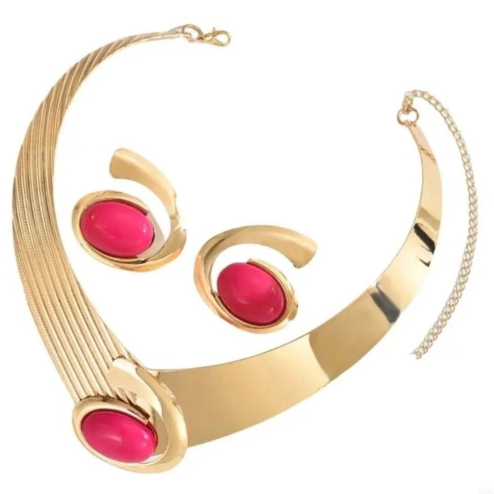 Exaggerated Necklace Earrings Set Oval Stone Pendant Jewelry Accessories  Anniversary Party
