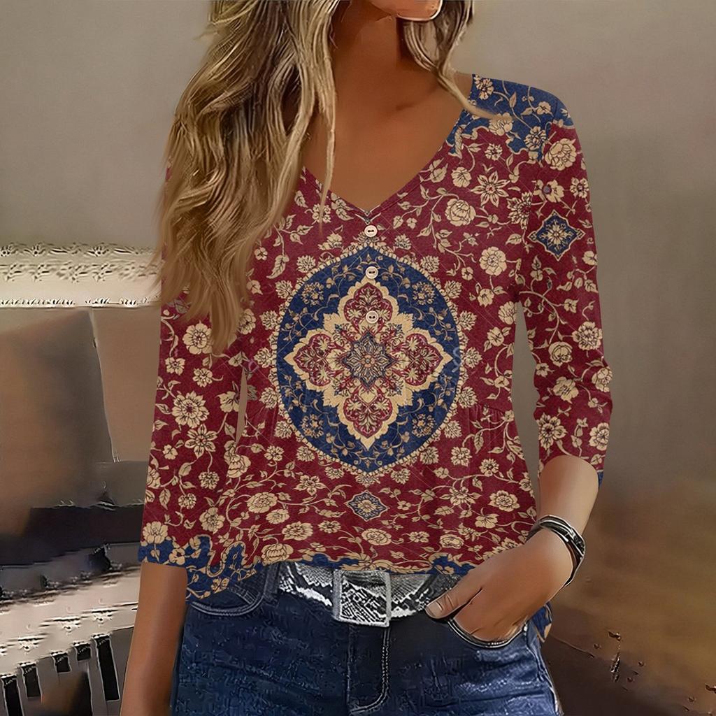 Damen 3/4 Ärmel V-Ausschnitt Knopfdetails Blumenmuster Tunika Oberteil Lässig Lockerer Schnitt Leichte Bluse