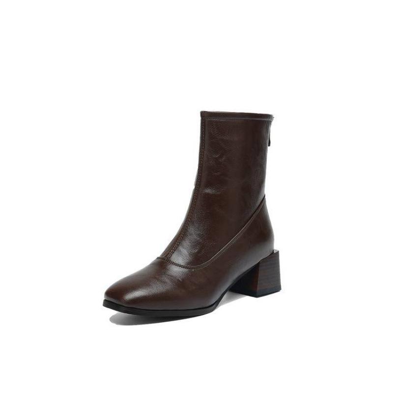 New Medium Heel Women's Medium Boots Solid Color Square Head Fashion Boots Women's Rear Zipper Large Size Women's Boots Korean Version Comf