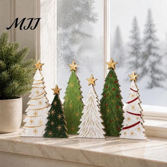 Hand Painted Holiday Table Decor 6Pcs Wooden Christmas Tree Tabletop Set, Rustic Star Topped Retro Seasonal Mantel Decorations Mini Figurines,