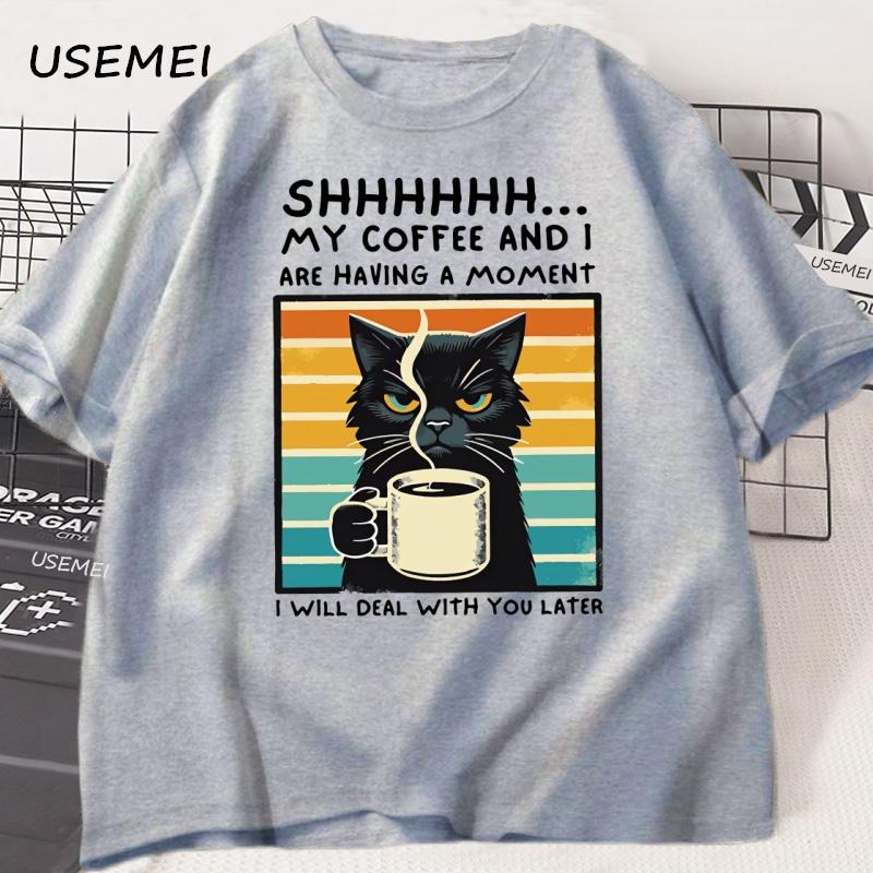 Funny Coffee Cat TShirt Summer Cotton Short Sleeve Cat Mama T Shirt Coffee Lover Tee Shirt Retro Cat T Shirt Unisexs Clothes