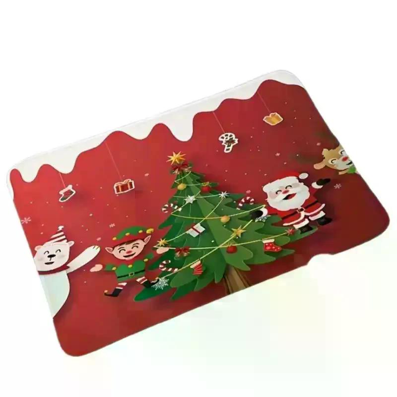 Christmas Theme Door Mat With Santa Claus Snowman Christmas Tree Patterns Soft Decorative Entryway Rug For Xmas Season Decor
