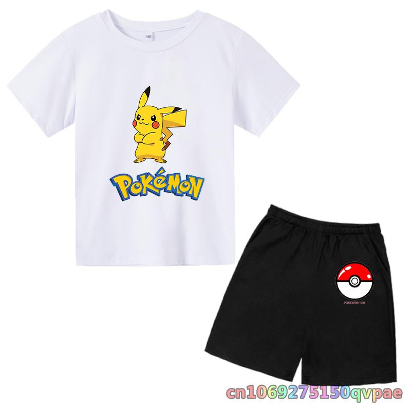 Children's Clothes Cartoon Summer Kids Animal Pokemon T-shirt Set Boys' Clothing  Leisure Cotton Pikachu Print Short Sleeve