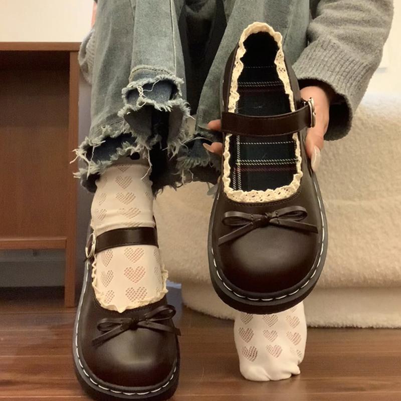 Butterfly-knot Lolita Women Leather Shoes Shallow Round Toe Ladies Concise Outdoor College Style Mary Jane Shoes