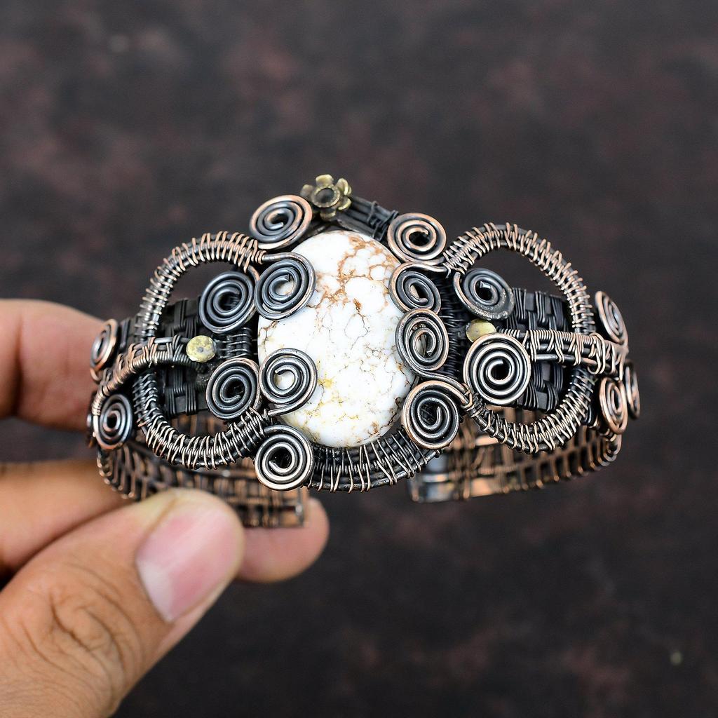 Wild Horse Magnesite Copper Bangle Copper Wire Wrapped Cuff Bracelet Handmade Adjustable Bangle Copper Jewelry Gemstone Cuff Gift For Mother