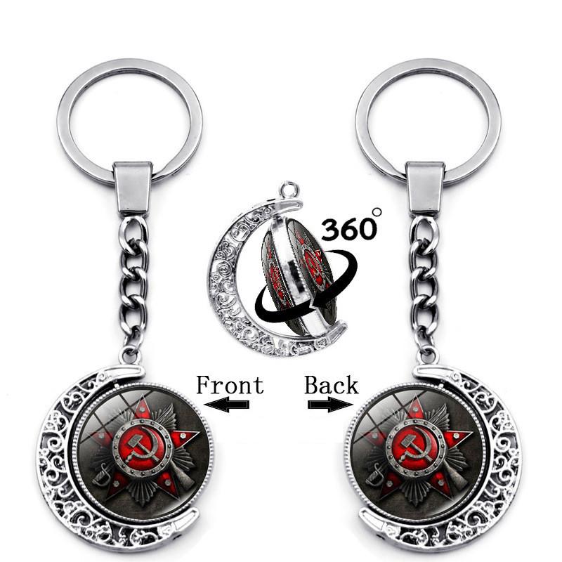 Elegant Soviet Badge Russian Cccp Keychain Double-sided Rotating Moon Pendant