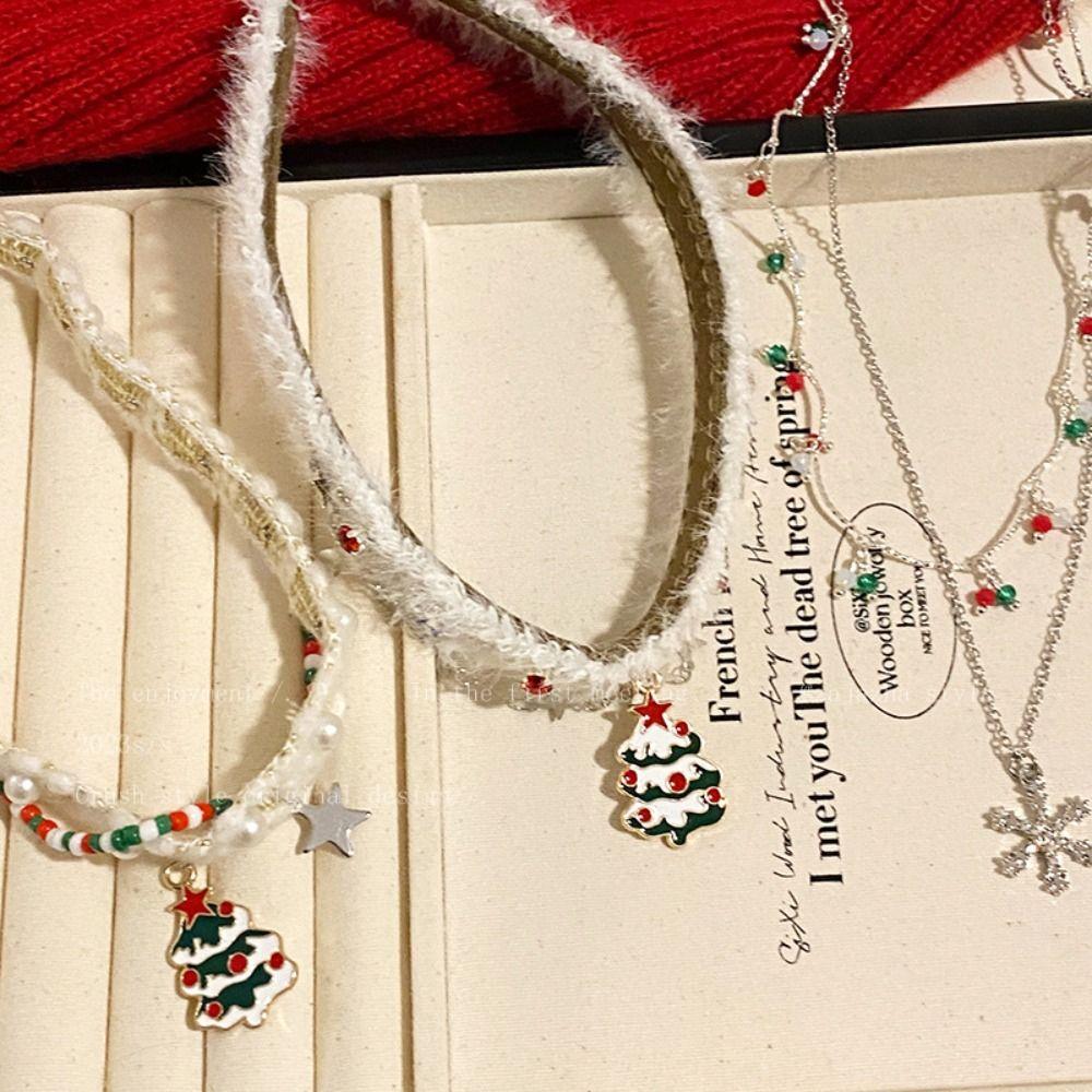 Tassel Snowflake Rhinestone Necklace Santa Claus Xmas Clavicle Chain Christmas Plush Choker  Winter