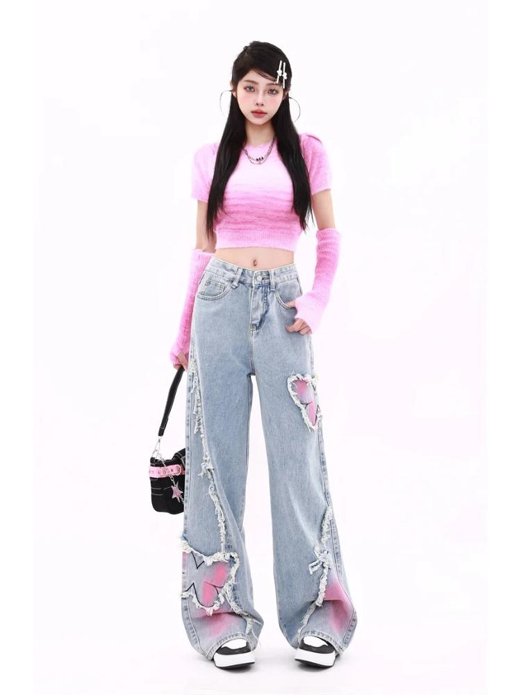 Women's Blue Baggy Butterfly Jeans Vintage Cowboy Pants Harajuku Denim Trousers Aesthetic Y2k Oversize Trashy 2000s Clothes 2026