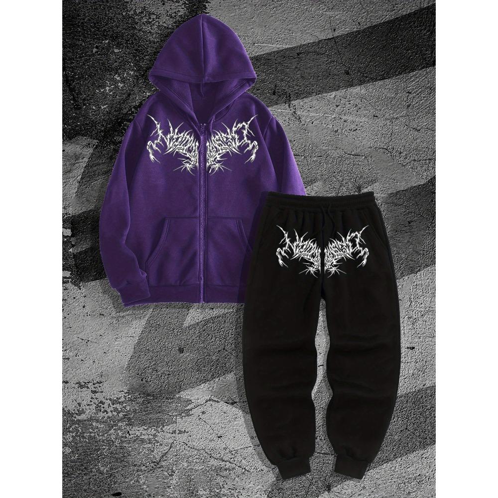 Trendy Men's Set, Gothic Dark Printed Men's Zipper Hoodie and Running Pants Two Piece Set