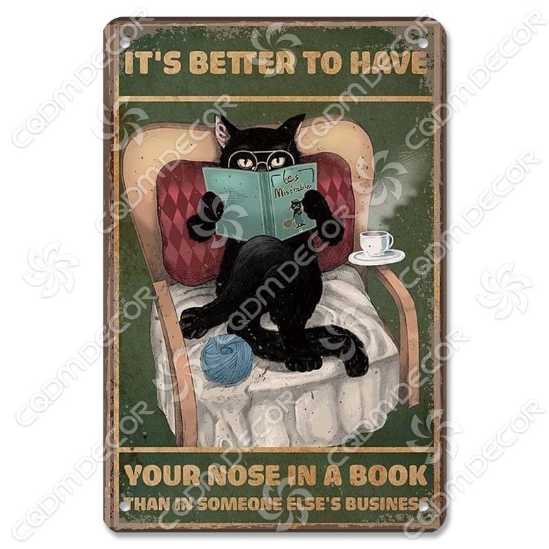 Black Cat Tin Sign Metal Plaque Read Books Drink Wine Pet Metal Poster Vintage Wall Decor for Coffee Shop Kitchen Bathroom Home