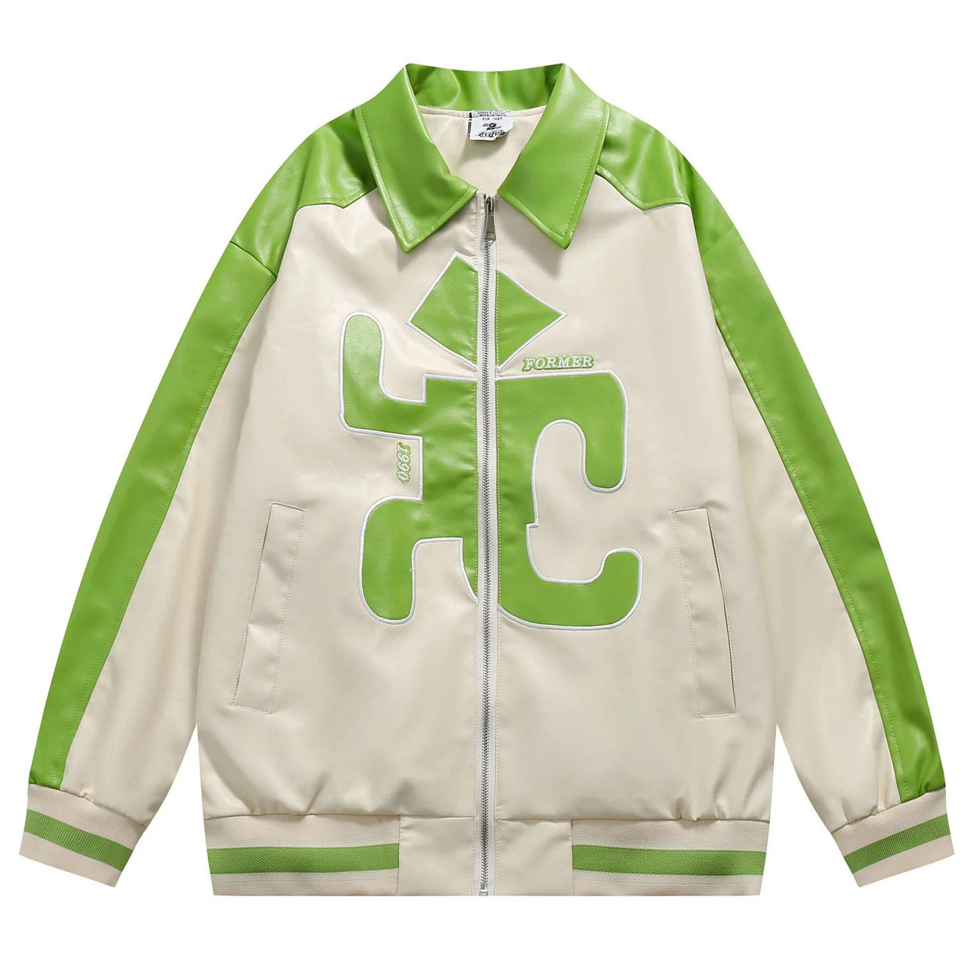 

Green Patchwork PU Leather Men Embroidery Baseball Bomber Jacket Unisex Women Varsity University Coat High Street Clothes 2022