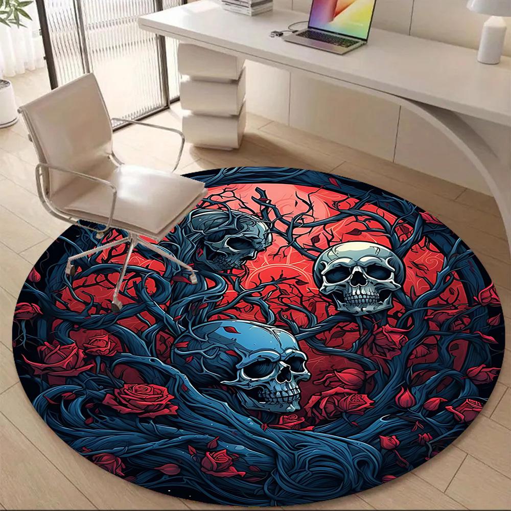 1pc Skulls Roses Office Round Area Rug, Under Office Chairs Bedroom Living Room Home Decor, Room Deco