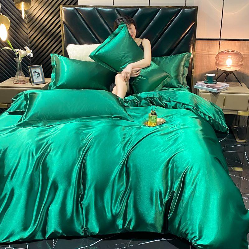 Solid Rayon Silk Bedding Set with Duvet Cover Bed Sheet Pillowcases Luxury King Single Double Couple Satin Pillow Case Bedsheet