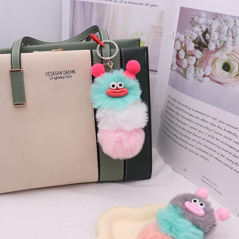 Adorable Caterpillar Pom-Pom Keychain: Cartoon Plush Doll Ornament for Bags & Cars Single Silver Ring (Individual OPP Bag)
