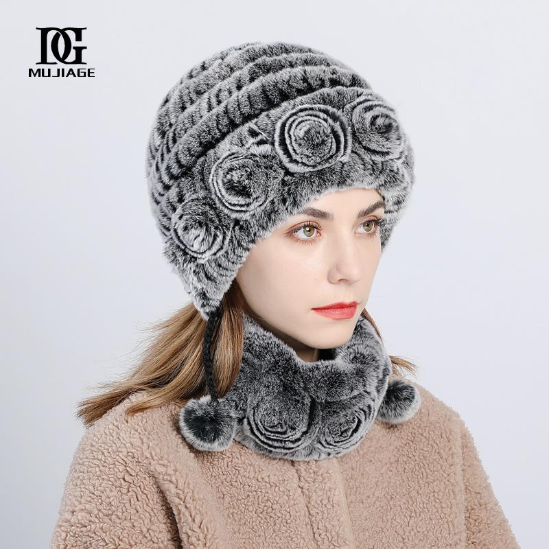 Hat Woman Winter New Rex Rabbit HairThickened and Warm Winter Versatile and Cute Fur Hat Scarf