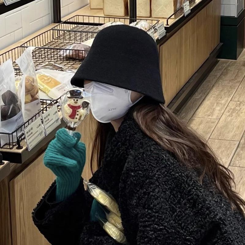 Pălărie coreeană tip bucket din lână simplă pentru femei, pentru toamnă și iarnă, care pune în valoare fața, față mică, cap mare, pălărie de pescar, nouă pălărie neagră tip bazin