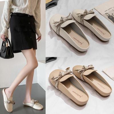Halbschuhe Damen Ein-Pedal Niedrigabsatz Sommerbekleidung Neu Flachboden Schleife Rutschfest Lazy Muller Französische Coole Hausschuhe
