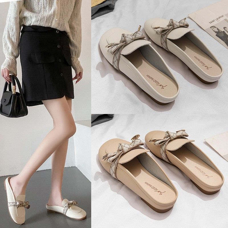 Half slippers women's one-pedal low-heeled summer wear new flat-bottomed bow non-slip lazy Muller French cool slippers
