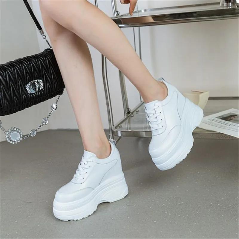 11cm Genuine Leather Women Fashion Platform Sneakers High Hidden Heel Wedge Walking Shoes Brides Wedding Shoes Tennis Shoes