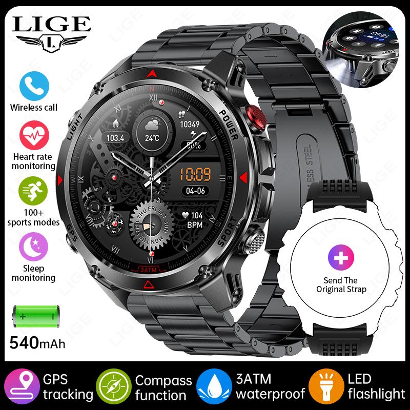 GPS Sports Waterproof Smart Watch Men 1.46“HD Full Touch Screen 500mAh Battery Flashlight Compass Bluetooth Call Smartwatch