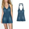 Summer New French Style Girl Temperament Neck Collar Backless Short Version Cotton Denim Jumpsuit 4365084