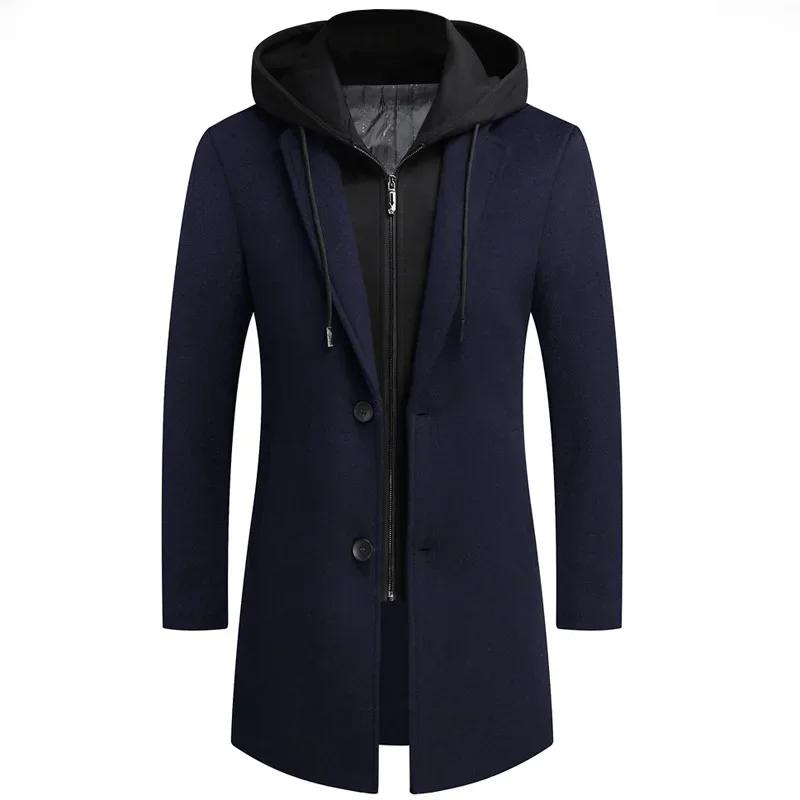 Autumn Winter Men Hooded Wool Jacket Autumn Mens Long Windproof Wool Coat Casual Thick Slim Jacket Male Size