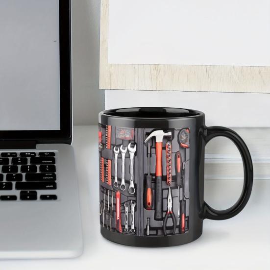 Toolbox Coffee Mug Mechanical Tool Box Mug Ceramic Double-sided Print Ergonomic Handle Cup Microwave Dishwasher Safe Gift for Mechanics Car