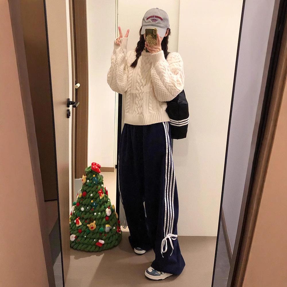 Korean Spicy Girl High Waist Bow Wide-Leg Striped Sport Pants for Women