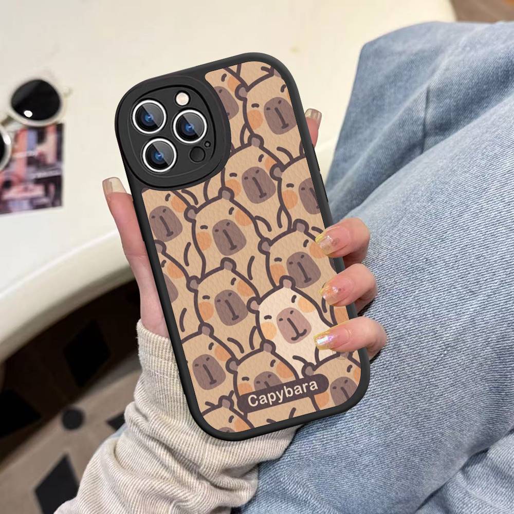 Cartoon Capybara Leather Phone Case For IPhone 16 16e 15 14 13 12 11 Pro Max Plus Mini Cover