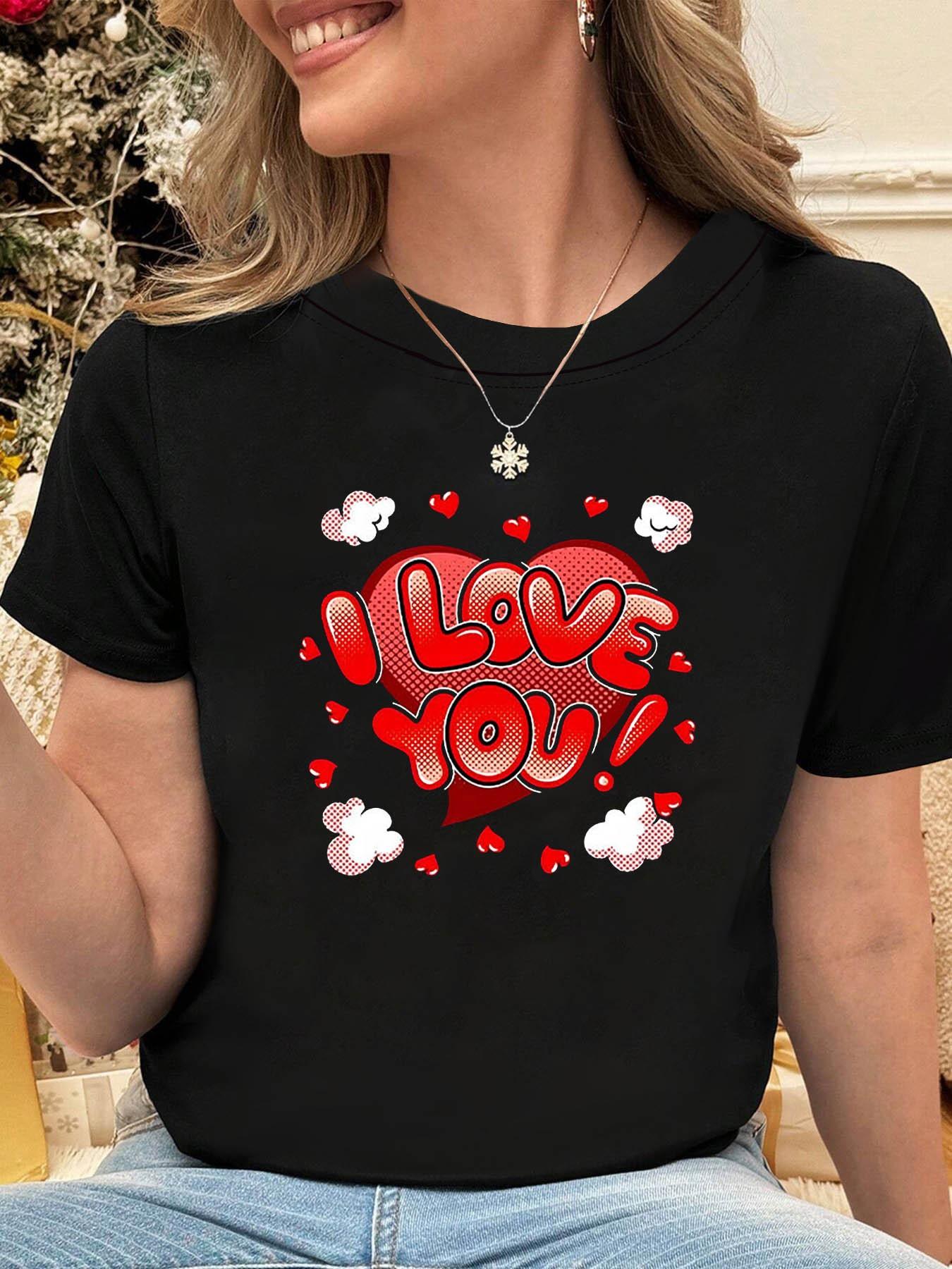 

I LOVE YOU combined with heart and cartoon cloud pattern printed Womens fashionable casual roundneck summer Tshirt S