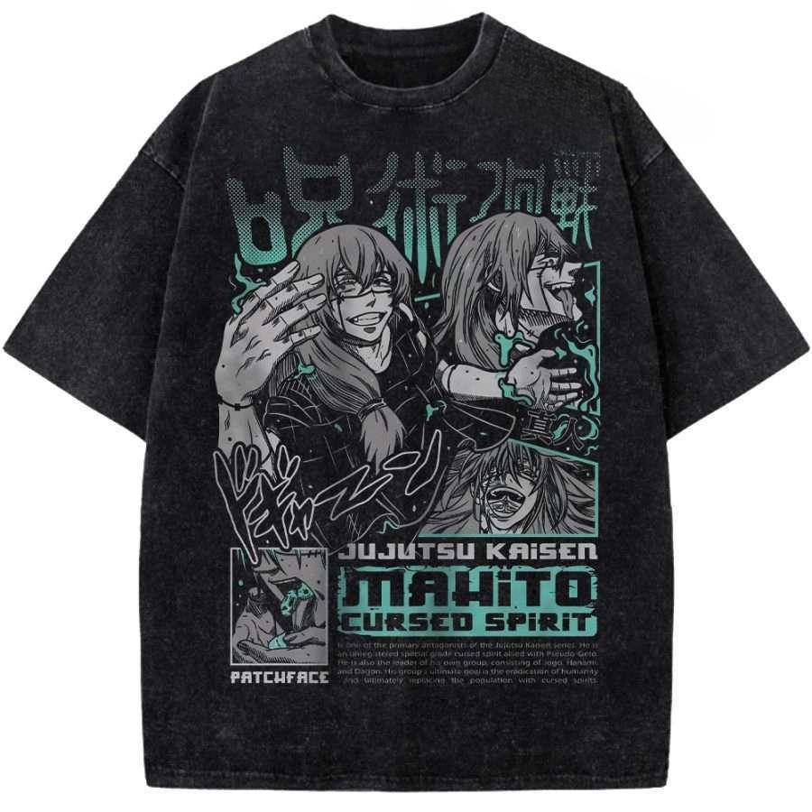 Hot Manga Jujutsu Kaisen Graphic T-shirt Mahito Vintage Washed Oversized T Shirt Men Women Clothing Cotton Short Sleeve Tees