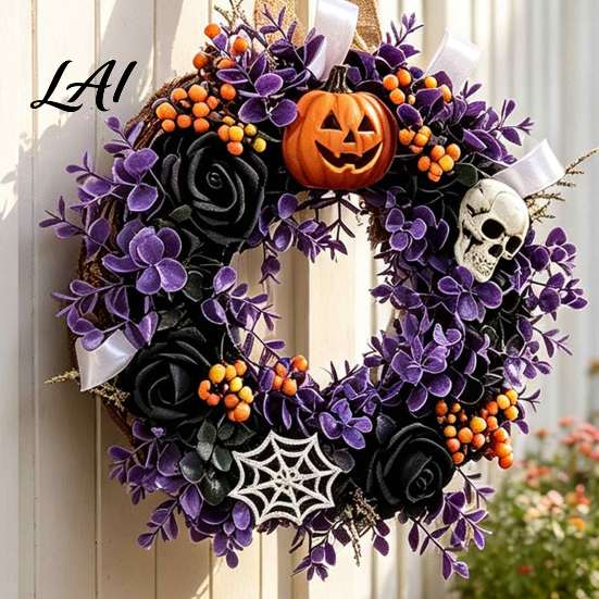 Forniture per Feste a Tema Horror Ghirlande di Halloween per Porta d'Ingresso Ghirlanda a Forma di Teschio e Zucca con Bacche Decorazioni da Appendere per Interni ed Esterni Nere Rose
