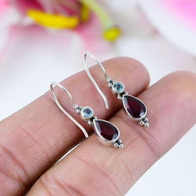 Natural Garnet,Topaz Gemstone 925 Solid Sterling Silver Gift Earring 1.25" O1z53