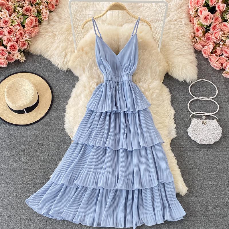 Léto Ženy Přehozené Volánky Špagetové Pásky Šaty Dovolená Plážové Vestido Dámské Elegantní Úzký midi župan s vysokým pasem