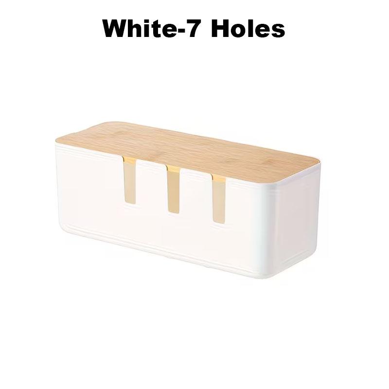 Cable Management Box with Bamboo Lid 7 Holes Plug Board Organizer Multi-functional Plastic Power Cord Stripe Storage Tidy Box