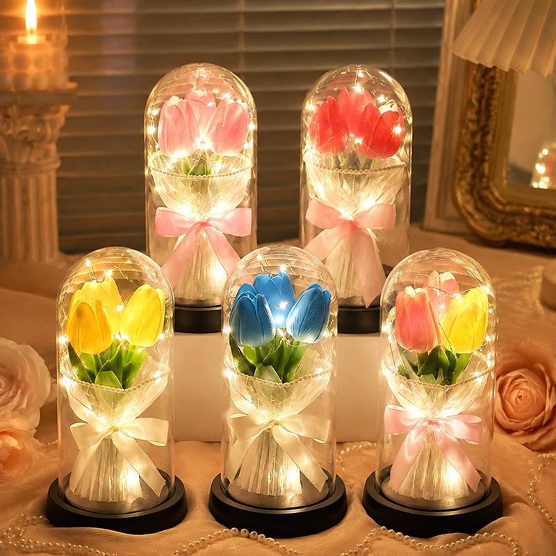 Artificial Flower Tulip Eternal Rose Flower LED Light Foil Flower in Glass Cover Simulation Tulip Flower Christmas Wedding Gifts