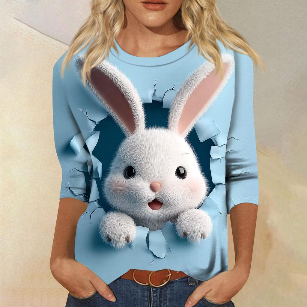 Top Pulóver Casual de Moda para Mujer con Mangas Tres Cuartos y Estampado de Pascua con Cuello Redondo