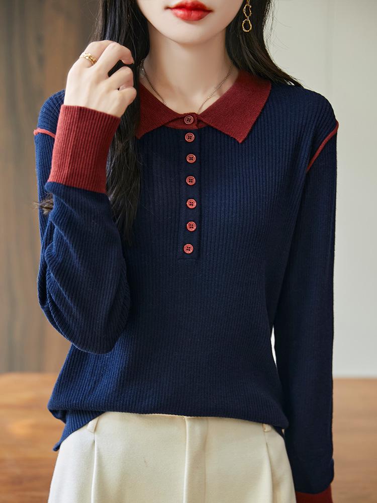 Color-Block Wool Knit Long Sleeve Polo Sweater