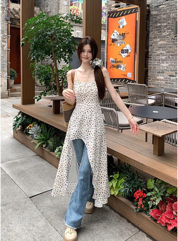 Plus Size Irregular Floral Sling Dress - Elegant Waist-Cinched Layered Long Summer Dress for Women