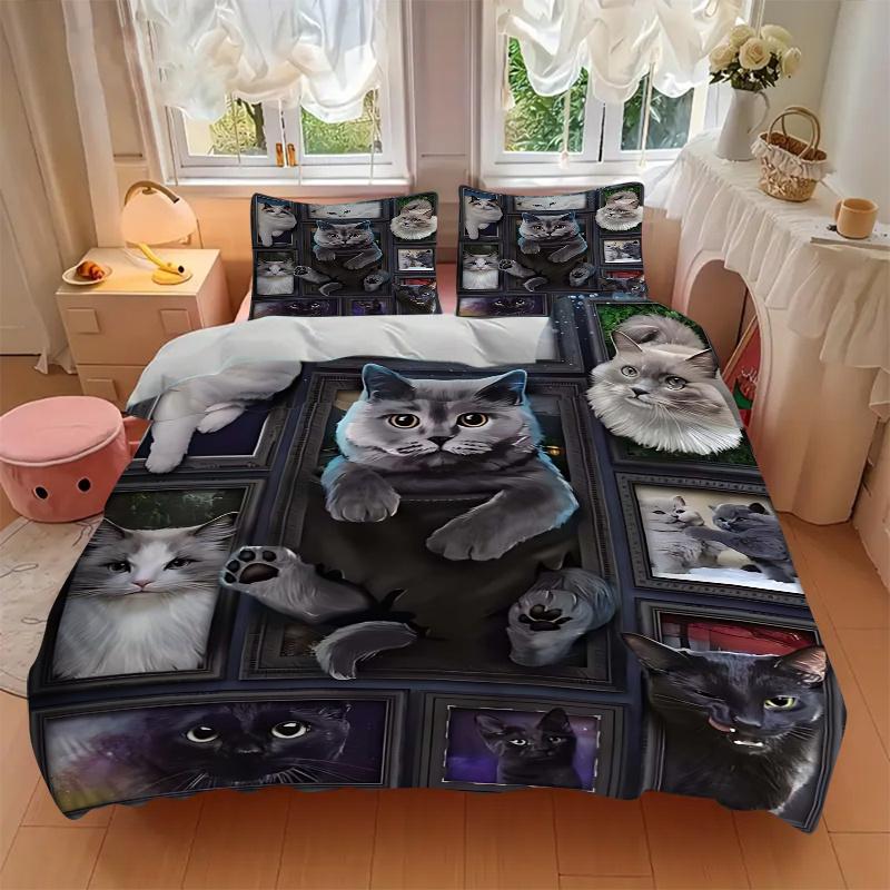 3pcs Cat Collage Bedding Set - Includes Quilt Cover and Pillowcases, Suitable for All Seasons, Machine Washable - Ideal Gift for Family and